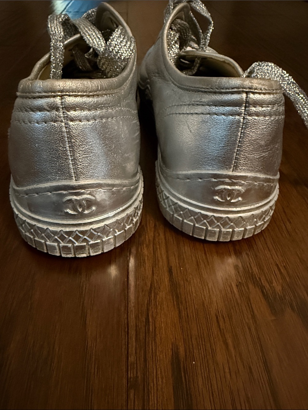 CHANEL Metallic Silver Leather Sneakers with Glitter Laces